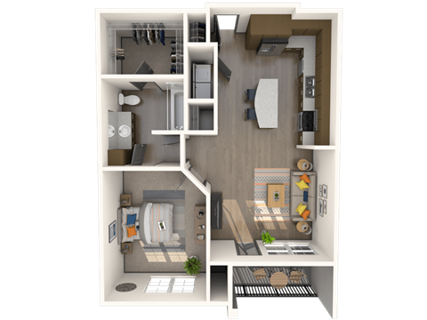 Floor plan for 1 bed, 1 bath, 861 sqft